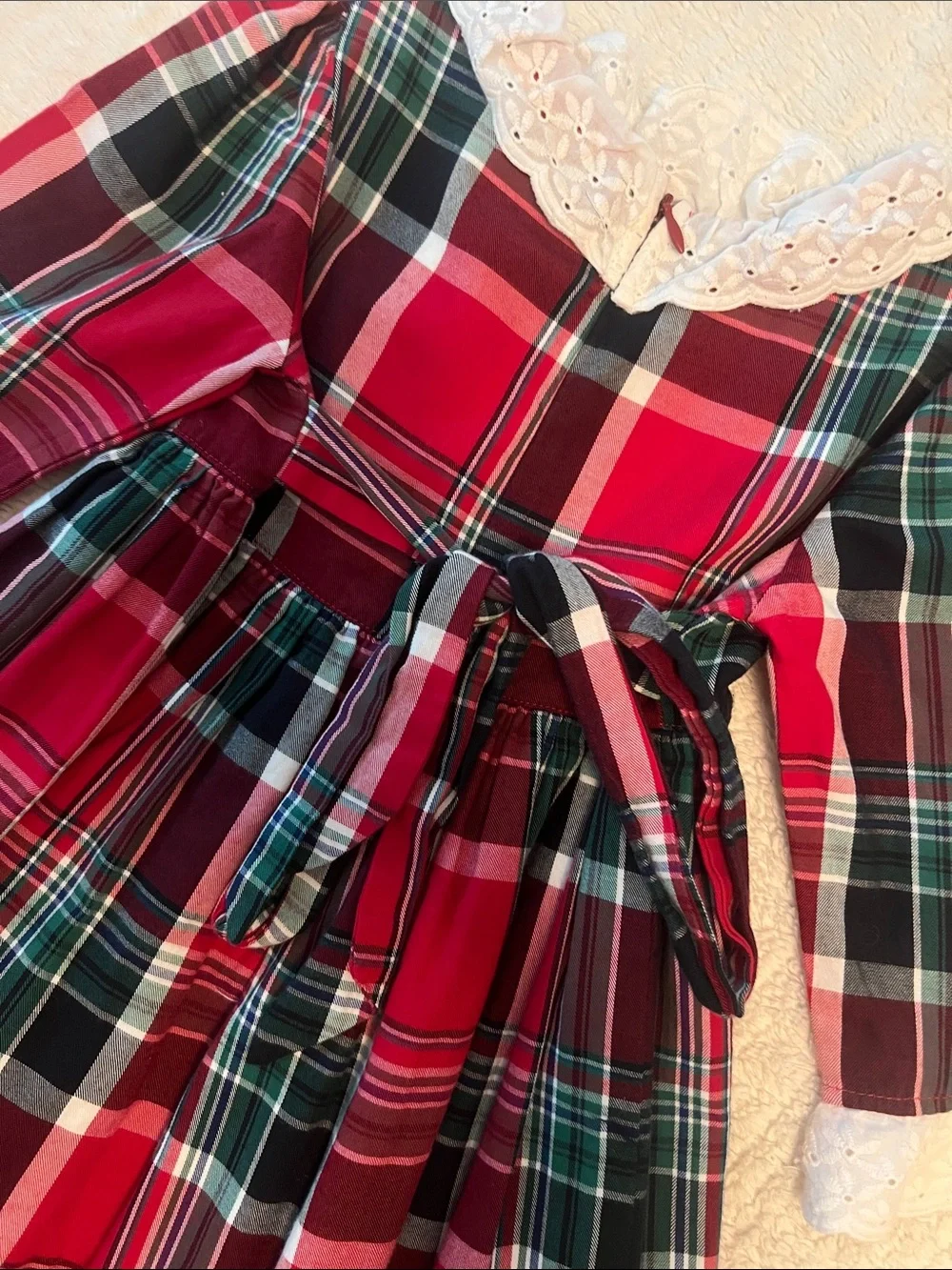 Children's Red & Green Plaid Holiday Dress with Lace Collar
